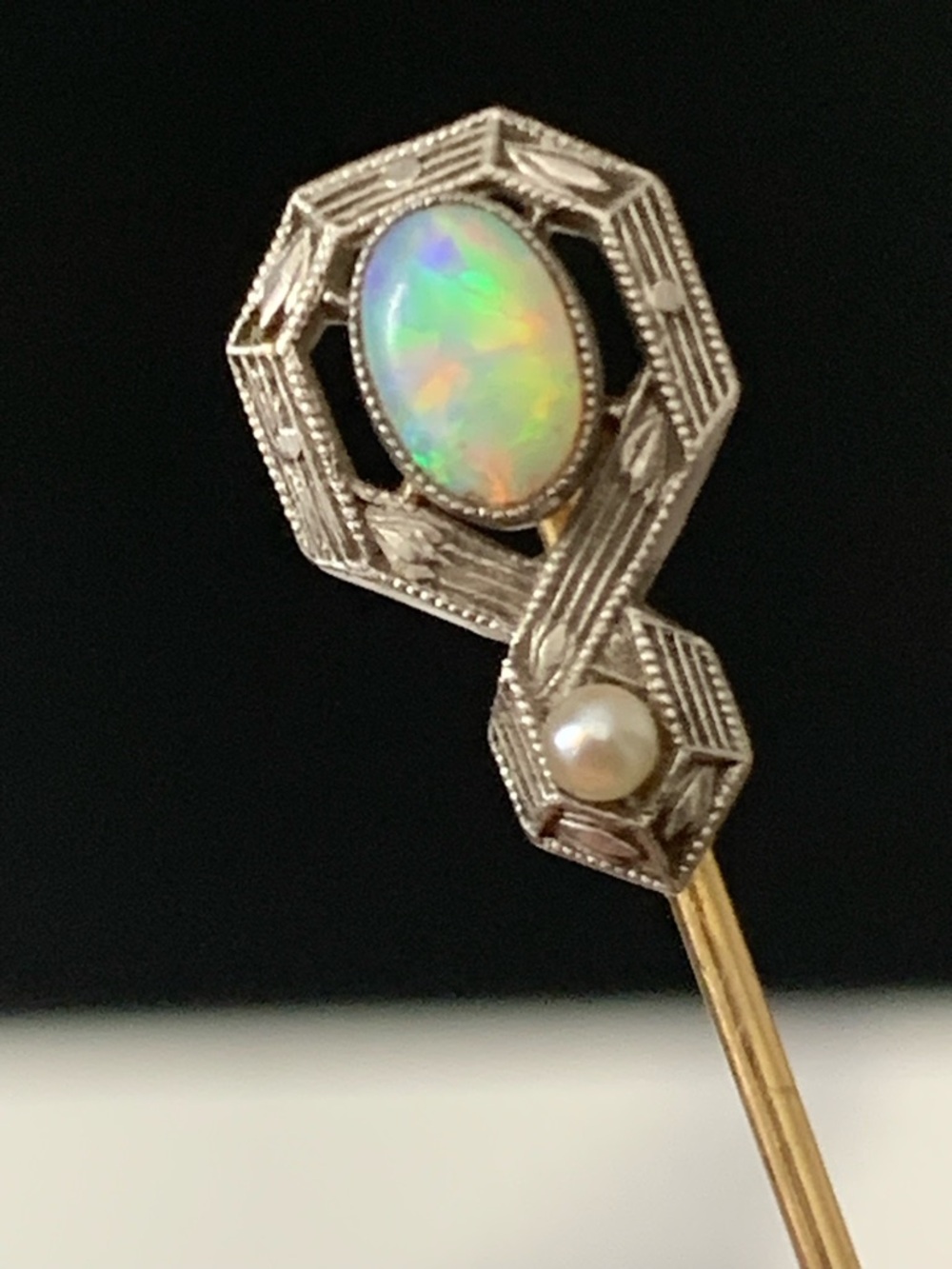 Antique Art Deco Platinum &14K Yellow Gold Opal & Pearl Stick Pin Fine Filigree